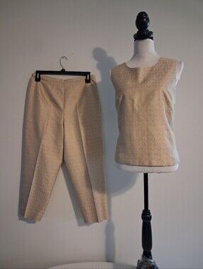 Talbots Silk Gold Brocade Cropped Pants & Sleeveless Top Set Size 16P